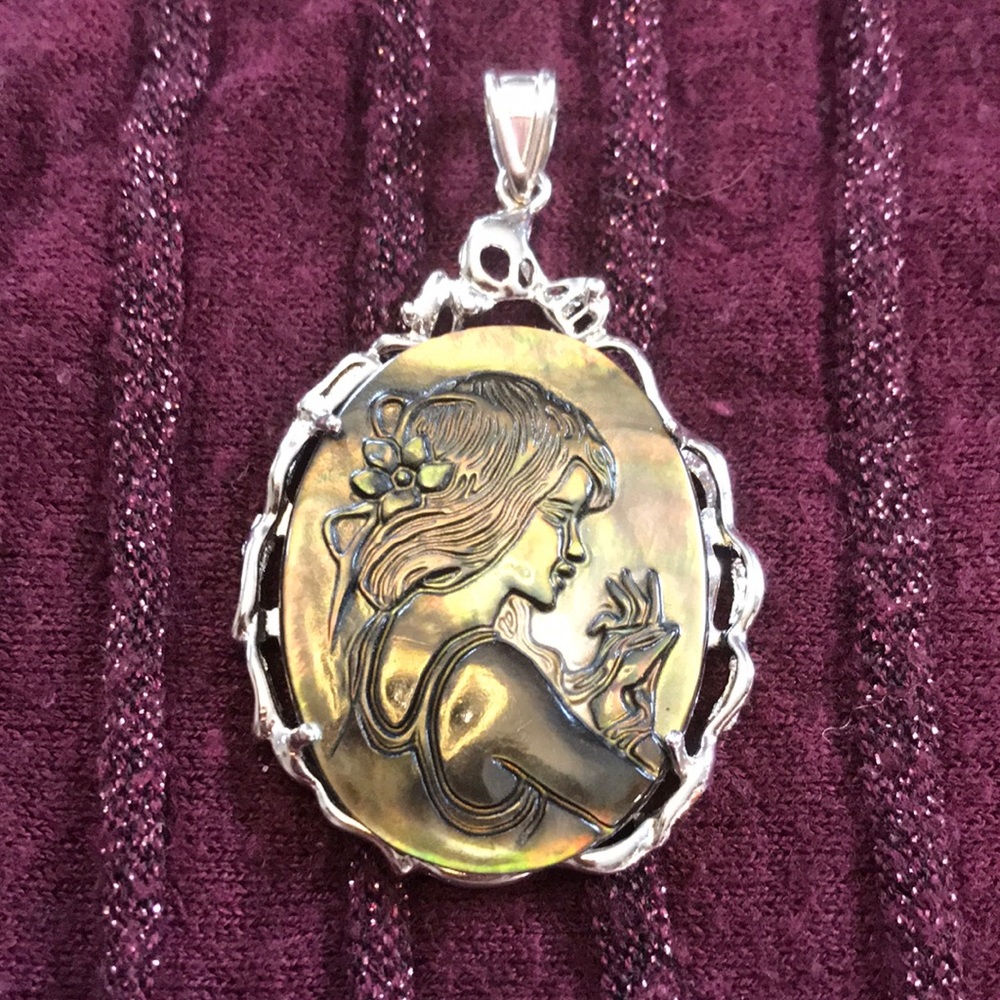 Black Seashell Cameo Pendant - Unique!